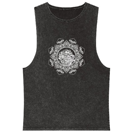 Men s Mushroom Mandala Psychedelic Tattoo Style Mineral Wash Tank Tops