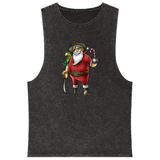 Santa Pirate Funny Christmas Candy Cane Hook Hand Mineral Wash Tank Tops