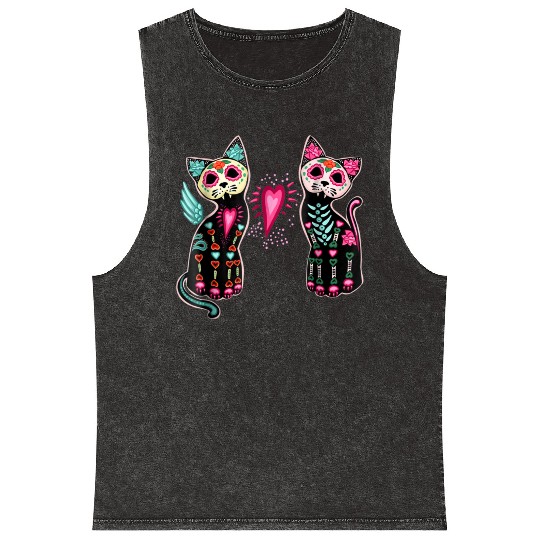 Day of Dead Sugar Cat Mineral Wash Tank Tops Cats Skeleton Skull
