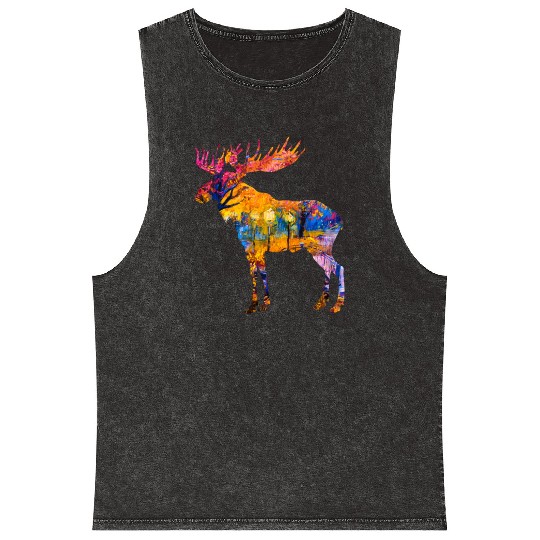 Colorful Canadian Moose Mineral Wash Tank Tops Abstract Paint Wild