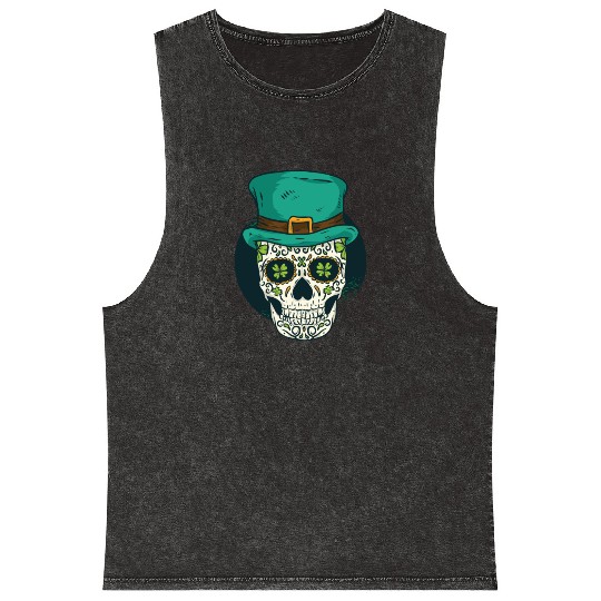 St Patricks Day Shamrock Skull Mineral Wash Tank Tops