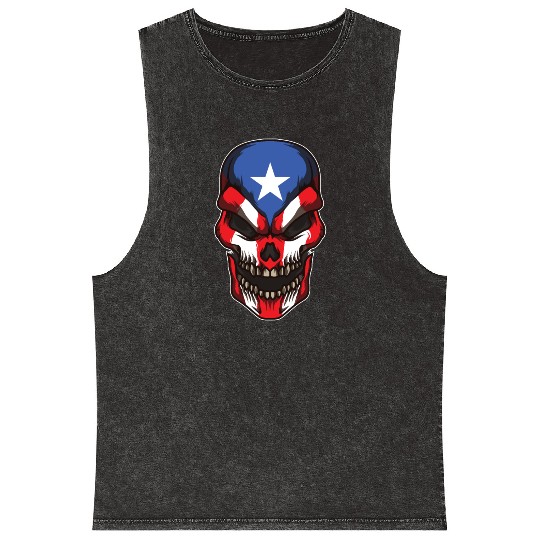 Puerto Rico Skull | Proud Boricua Flag Mineral Wash Tank Tops