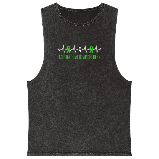 Green Ribbon Heart Beat Mental Health Awareness Mineral Wash Tank Tops