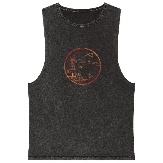 Lighthouse Neon Red Silhouette Landscape Mineral Wash Tank Tops