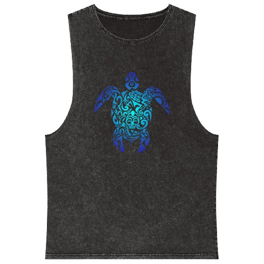 Tribal Sea Turtle Ocean Blue Hawaii Polynesian Mineral Wash Tank Tops