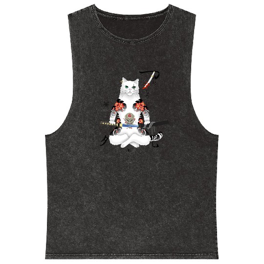 Japanese Samurai Cat Katana Ninja Yakuza Tattoo Mineral Wash Tank Tops