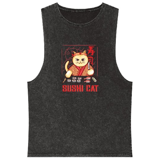 Funny Sushi Cat Design Mineral Wash Tank Tops