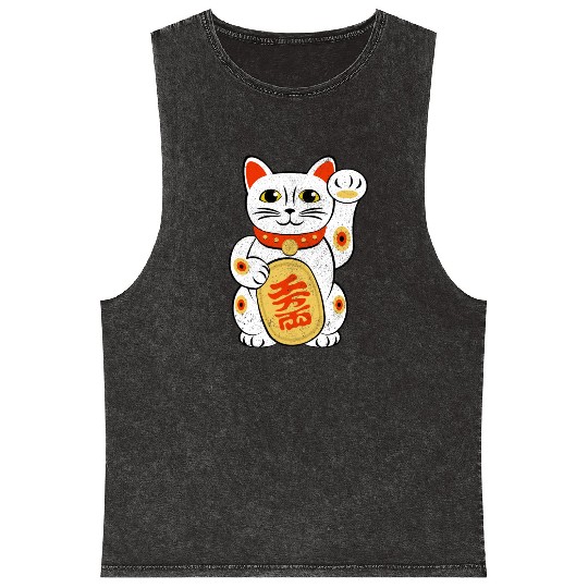 Japan Lucky Cat Japanese Maneki Neko Good Luck Cha Mineral Wash Tank Tops