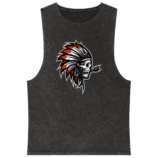 Native American Indian Headdress Skull Mineral Wash Tank Tops
