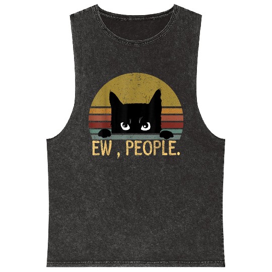 Ew People Black Cat Vintage Retro Funny Cat Mineral Wash Tank Tops