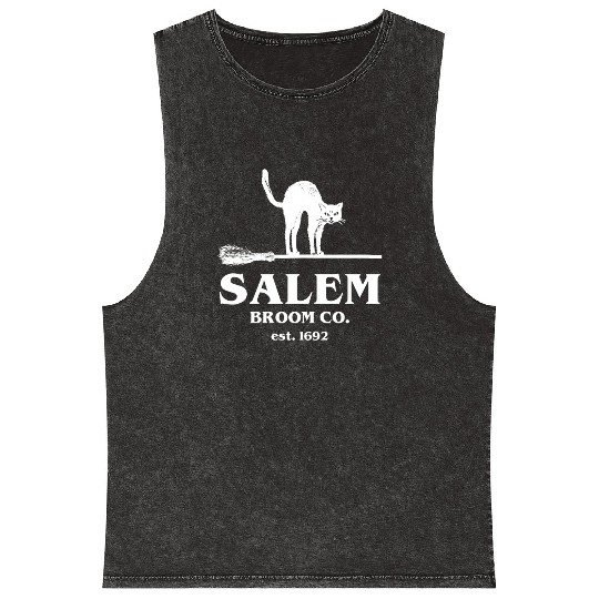 Salem Broom Co Company Halloween Black Cat Witch A Mineral Wash Tank Tops