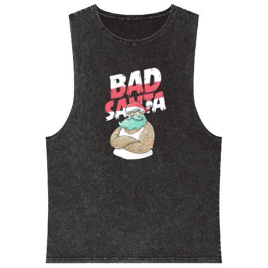 Bad Santa Claus Christmas Tattoo Mineral Wash Tank Tops
