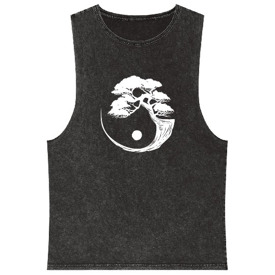 Bonsai Tree Black White Yin Yang Zen Buddhist Mineral Wash Tank Tops