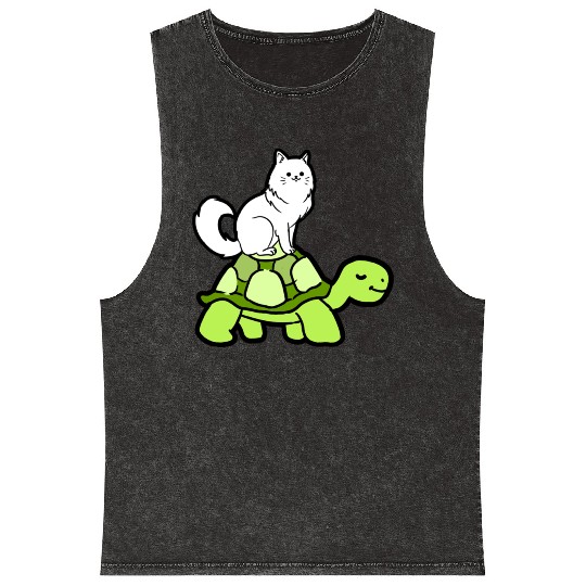 Cat Riding Turtle for Turtle Theme Fan Mineral Wash Tank Tops