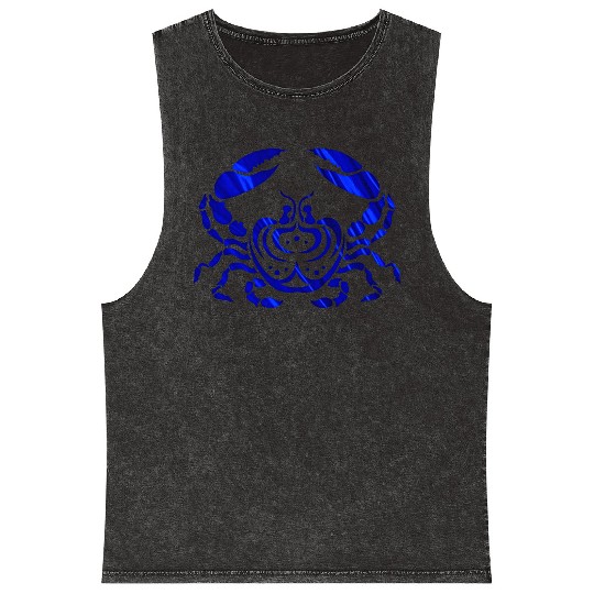 Blue Foil Crab, Tribal Art Style Mineral Wash Tank Tops