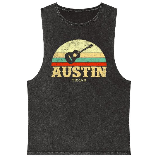 Retro Austin Texas Guitar Vintage Lone Star State Mineral Wash Tank Tops