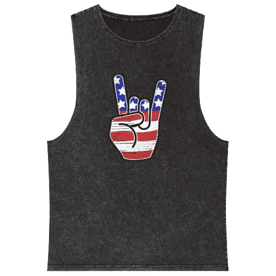 Rock n Roll USA Flag Horns Sign Retro Concert Band Mineral Wash Tank Tops