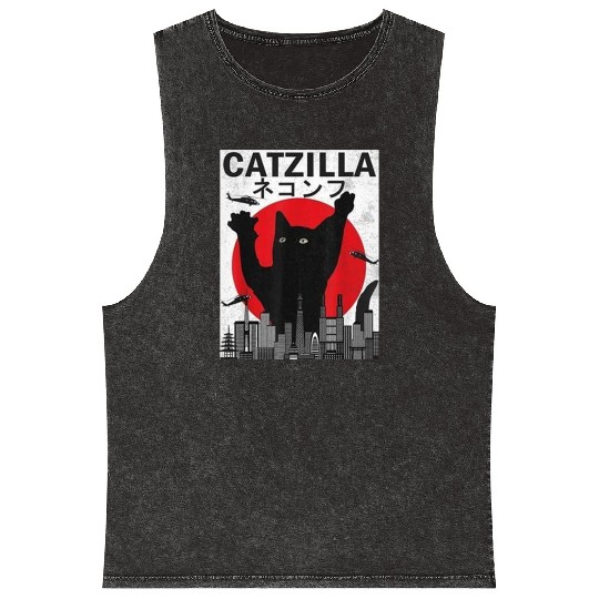 Vintage Catzilla Japanese Sunset Style Mineral Wash Tank Tops