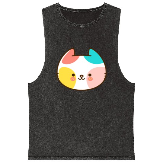 Kawaii Cat Head Multicolored Mineral Wash Tank Tops