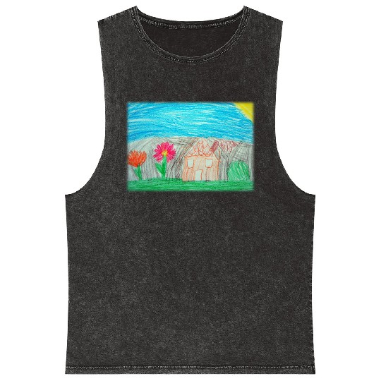 House with Garden and Flowers Optimism Kid Drawing Mineral Wash Tank Tops