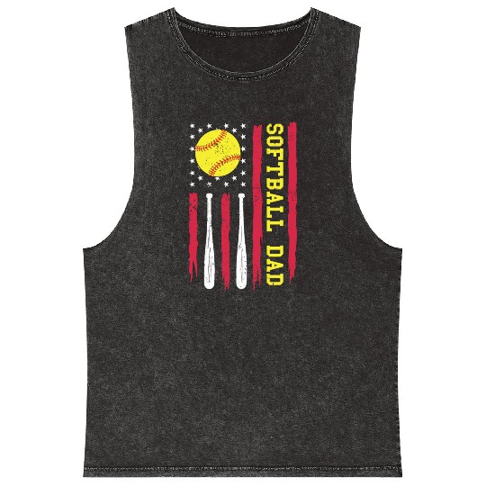 Softball Dad Vintage American Flag Mineral Wash Tank Tops