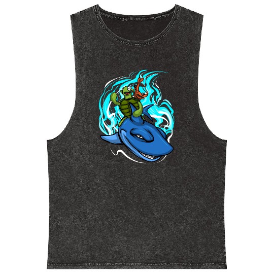 Shark Swims With Turtle And Crab Mineral Wash Tank Tops