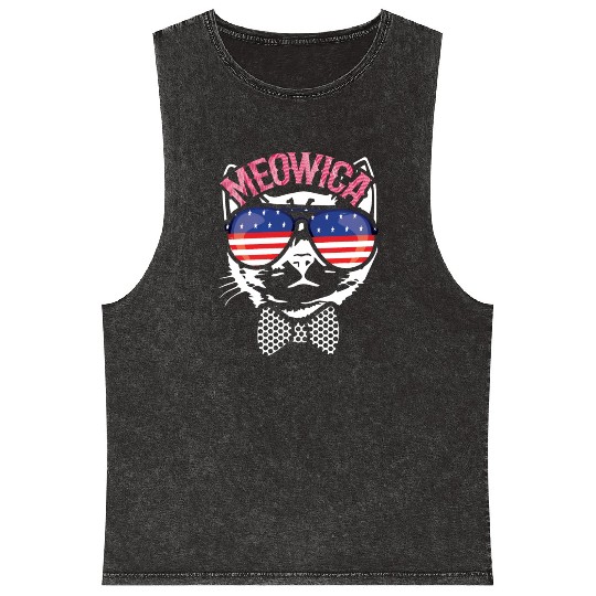 Meow Cat America American Flag 4th Of July Mineral Wash Tank Tops