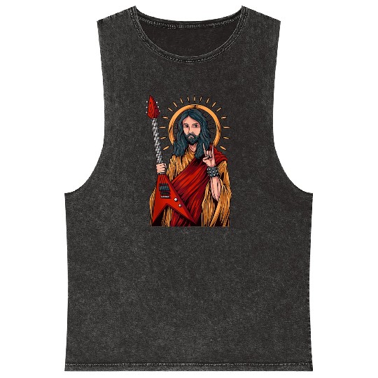 Jesus Playing Heavy Metal Guitar Mineral Wash Tank Tops