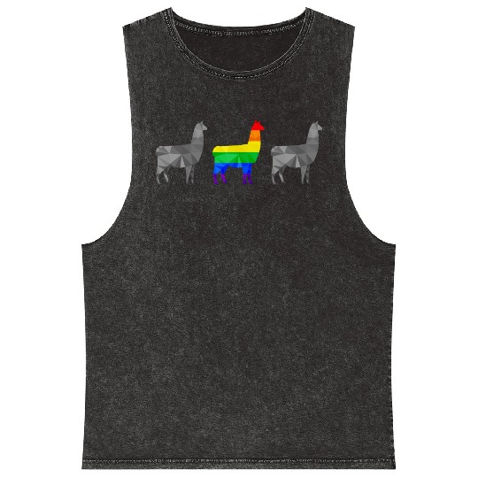 Llama Alpaca LGBTQ Gay Pride Rainbow Flag Mineral Wash Tank Tops