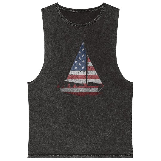 Distressed Stars Stripes Sailboat Sailing Adventur Mineral Wash Tank Tops