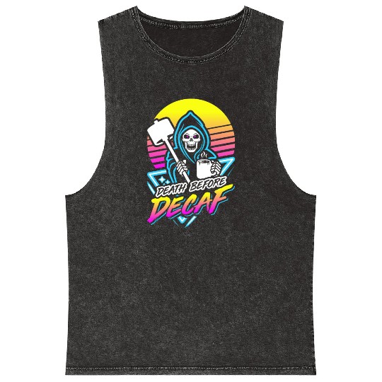 Death Before Decaf (Gym Reaper) Retro Neon Mineral Wash Tank Tops