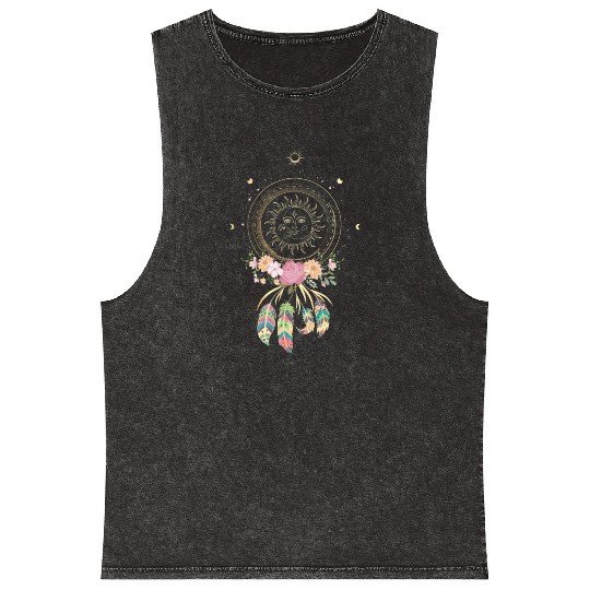 Beautiful Dreamcatcher Sun Moon Flowers Mineral Wash Tank Tops