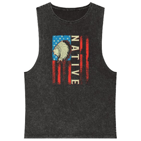 Native American Flag Chief Traditional US Mineral Wash Tank Tops