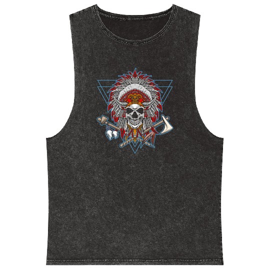 Native American Chief Skull Axe Mineral Wash Tank Tops