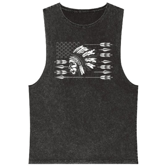 Chief Native American Traditional US Flag Mineral Wash Tank Tops