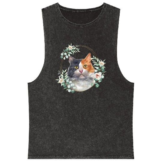 Calico Cat in a Floral Gold Wreath Frame Mineral Wash Tank Tops