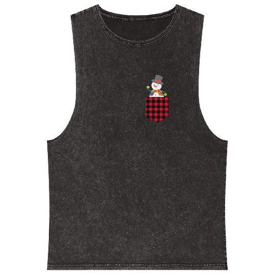 Christmas Cute Snowman In Buffalo Plaid Pocket Mineral Wash Tank Tops