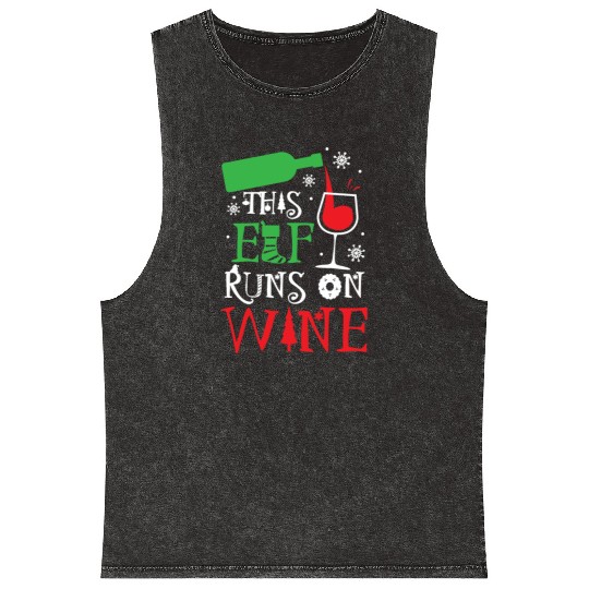 Christmas This Elf Runs On Wine Funny Xmas Holiday Mineral Wash Tank Tops