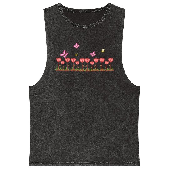 red roses line butterfly nature grass Mineral Wash Tank Tops