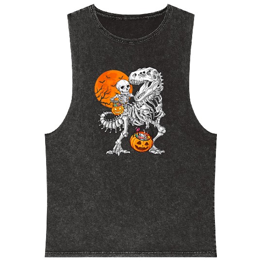 Skeleton Dinosaur T rex Boys Funny Halloween Mummy Mineral Wash Tank Tops