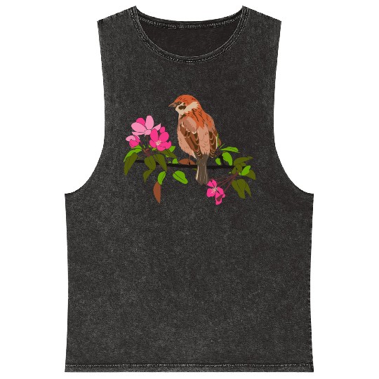 Sparrow on a branch pink flowers of an apple tree Mineral Wash Tank Tops