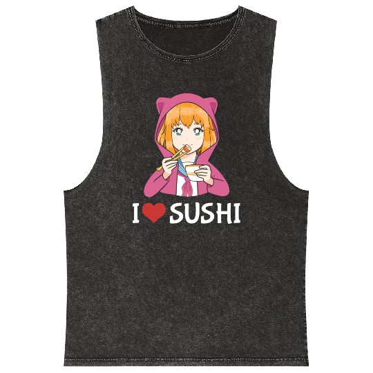 Kawaii Anime Girl I Love Sushi Mineral Wash Tank Tops