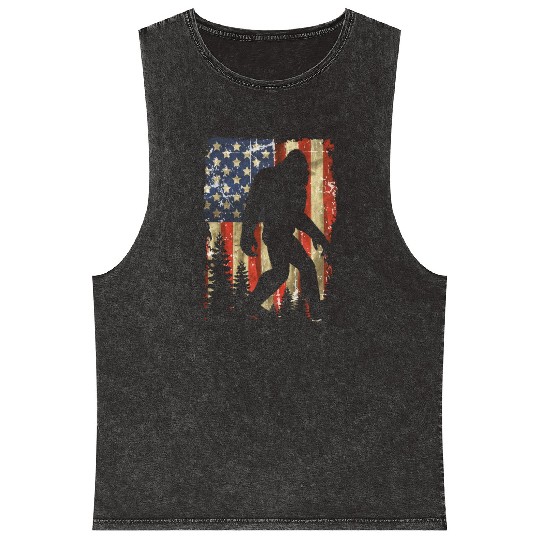 Bigfoot Believe Sasquatch American Flag Silhouette Mineral Wash Tank Tops