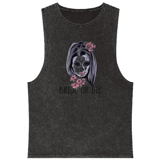 Womens Bride Or Die Halloween Skeleton face girl Mineral Wash Tank Tops