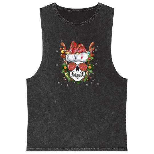 Christmas Skull Reindeer Santa Hat Mineral Wash Tank Tops