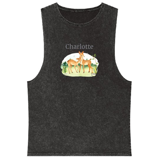 Forest Animal Deer Flowers Name Charlotte Mineral Wash Tank Tops