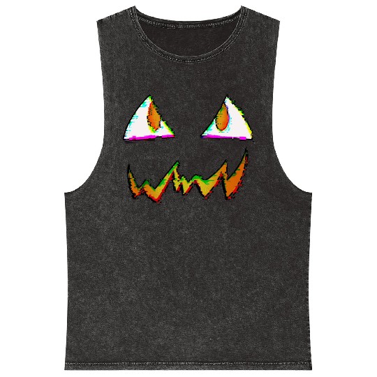 Jack O Lantern Face Glitch Mineral Wash Tank Tops