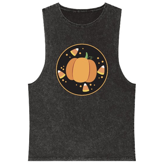 Pumkpin on a circle with candy corn Mineral Wash Tank Tops
