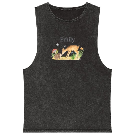 Forest Animal Deer Hedgehog Flowers Name Emily Mineral Wash Tank Tops