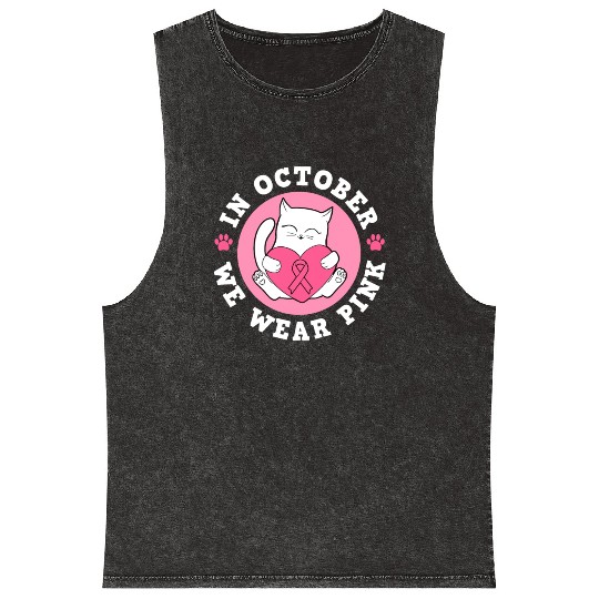 In October We Wear Pink Breast Cancer Warrior Cat Mineral Wash Tank Tops